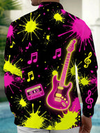 Oceanlyte Men's Neon Electric Guitar And Music Notes Print Long Sleeve Shirt with Chest Pocket