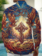 Oceanlyte Men's Bald Eagles And Crown Of Thorns Cross Print Long Sleeve Shirt with Chest Pocket