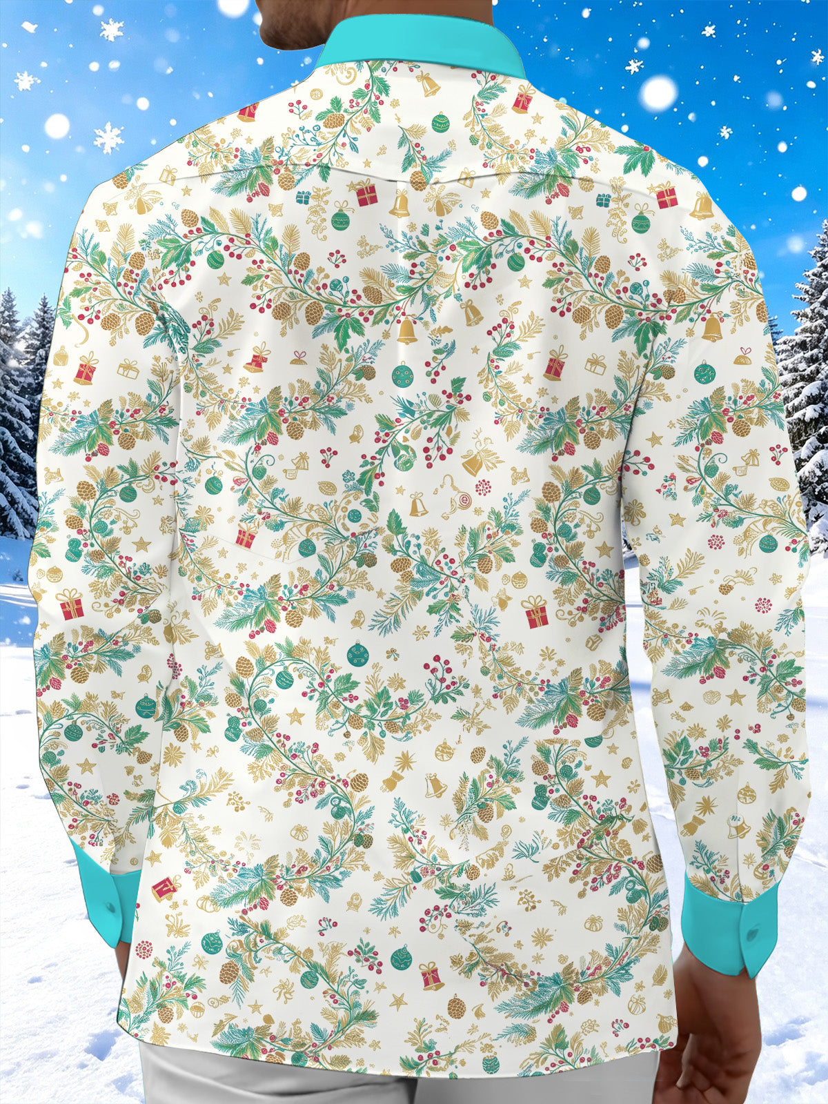 Oceanlyte Men's Christmas Pine Branches And Gift Boxes Print Long Sleeve Shirt with Chest Pocket