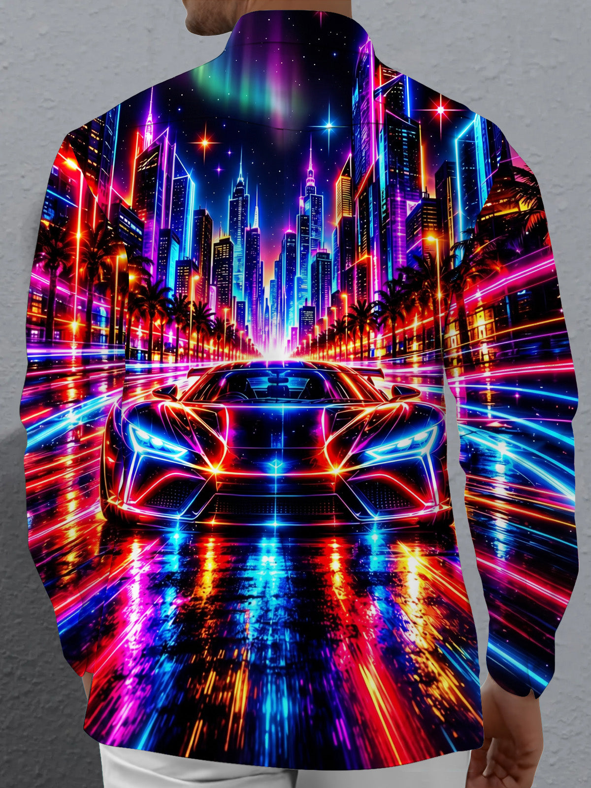 Oceanlyte Men's Graphic Neon Sports Car And City Skyline Print Long Sleeve Shirt with Chest Pocket