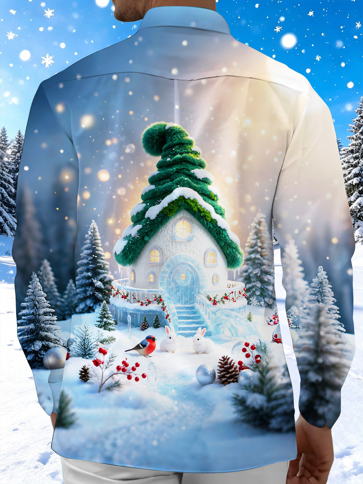 Oceanlyte Men's Long Sleeve Shirt - Winter Cabin With Snowy Christmas Tree Roof Print with Chest Pocket