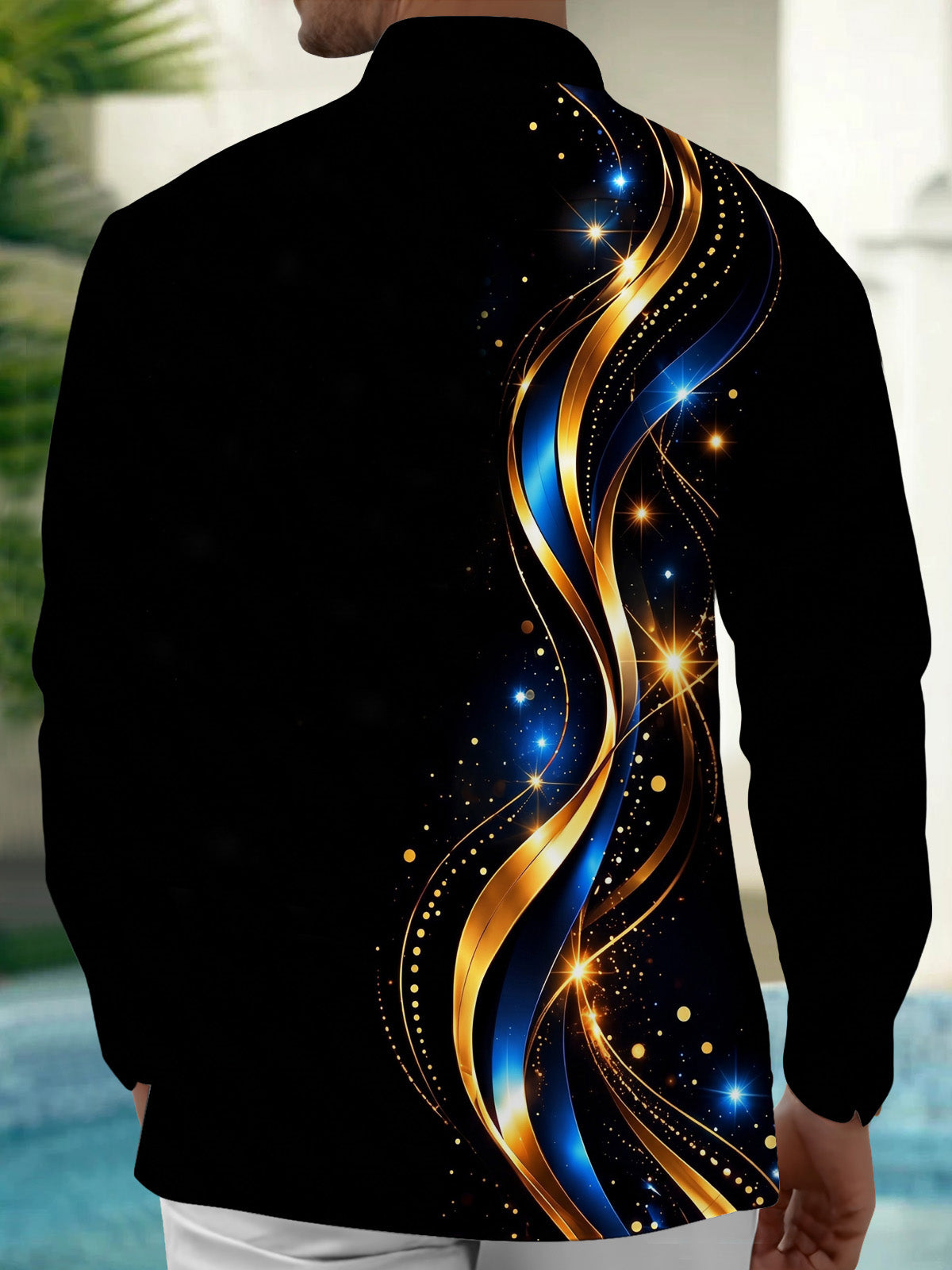 Oceanlyte Men's Graphic Lion Head Print Golden Waves Print Long Sleeve Shirt with Chest Pocket