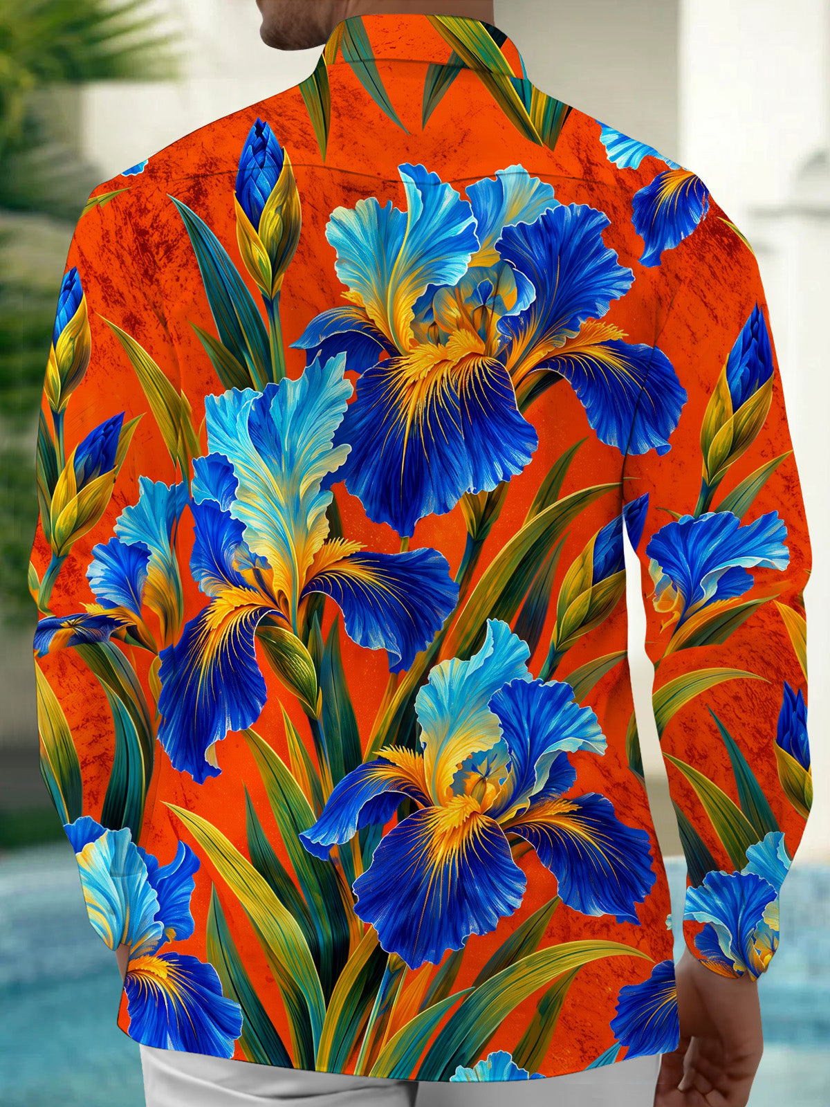 Oceanlyte Men's Blue Iris Flowers And Green Leaves Print Long Sleeve Shirt with Chest Pocket