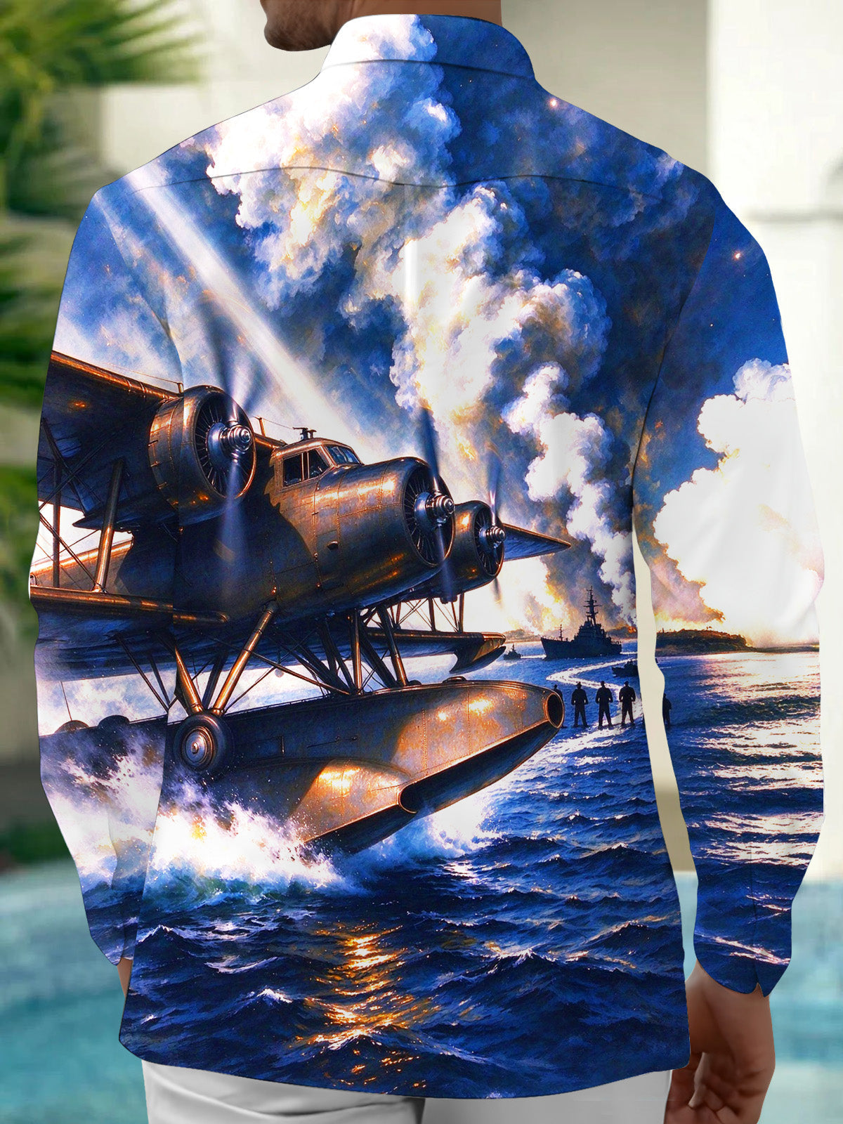 Oceanlyte Men's Long Sleeve Shirt - The "Ocean Sentinel" Vintage Seaplane And Naval Battle Scene Print with Chest Pocket