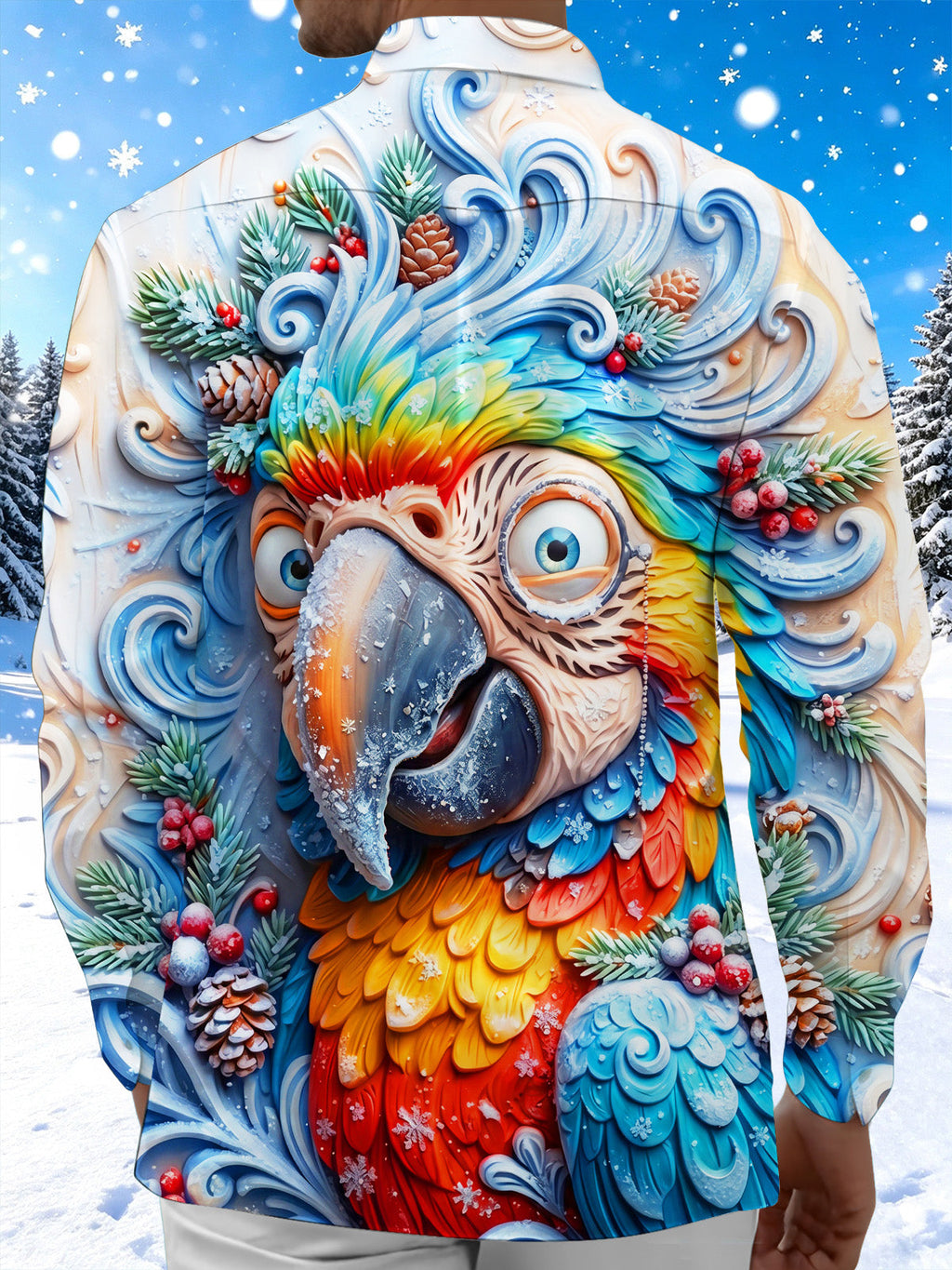 Oceanlyte Men's Long Sleeve Shirt - Winter Colorful Parrot With Winter Pine Cones And Berries Print with Chest Pocket
