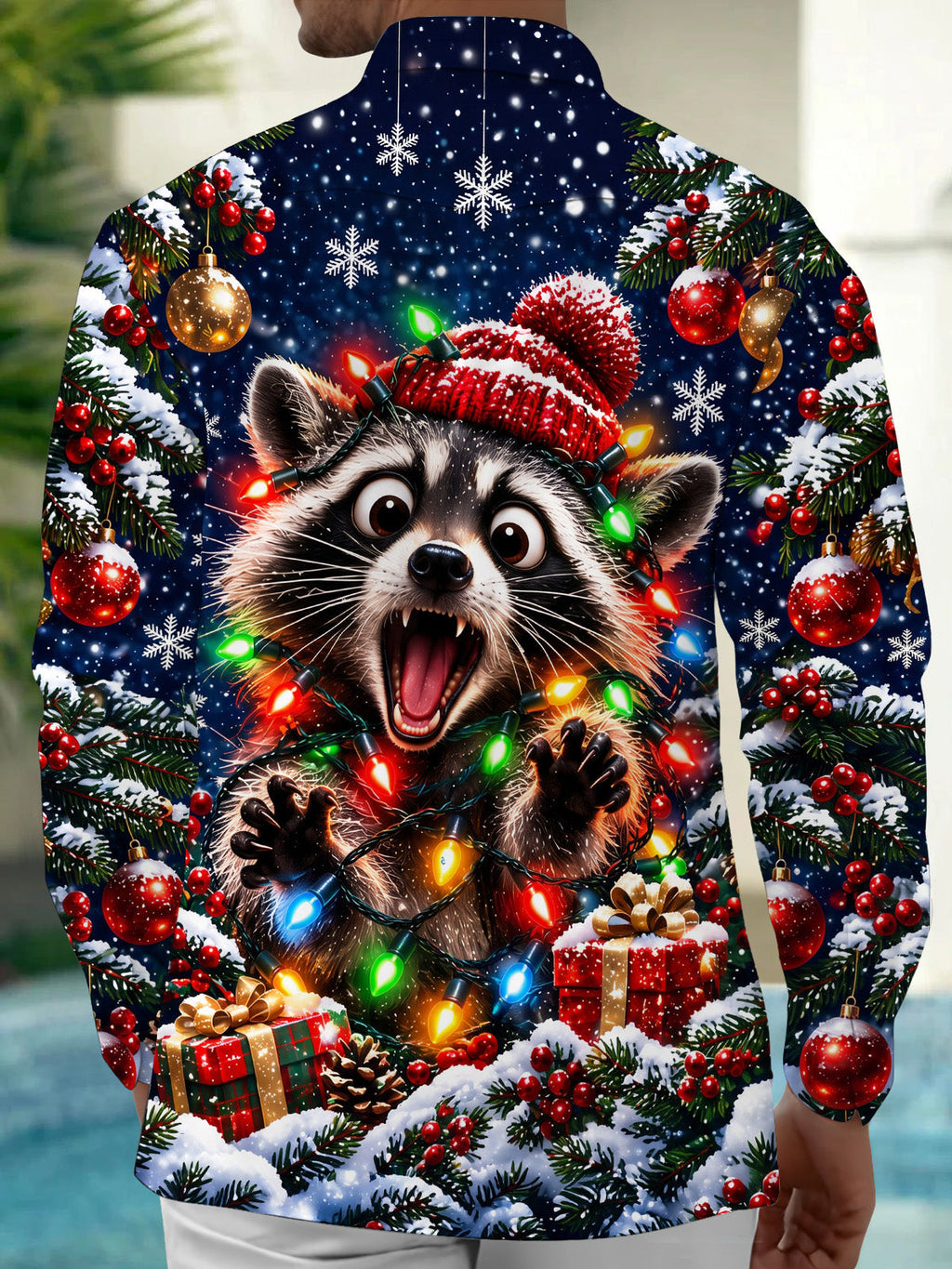 Oceanlyte Men's Raccoon With Christmas Lights And Hat Print Long Sleeve Shirt with Chest Pocket
