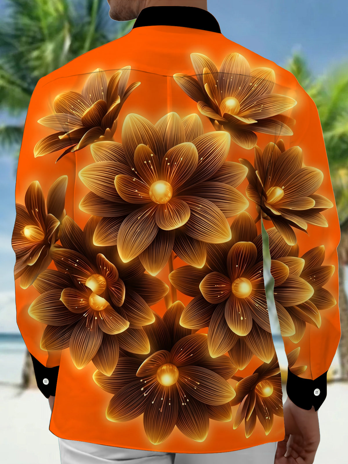 Oceanlyte Men's Hawaiian Glowing Golden Floral Pattern Long Sleeve Shirt with Chest Pocket