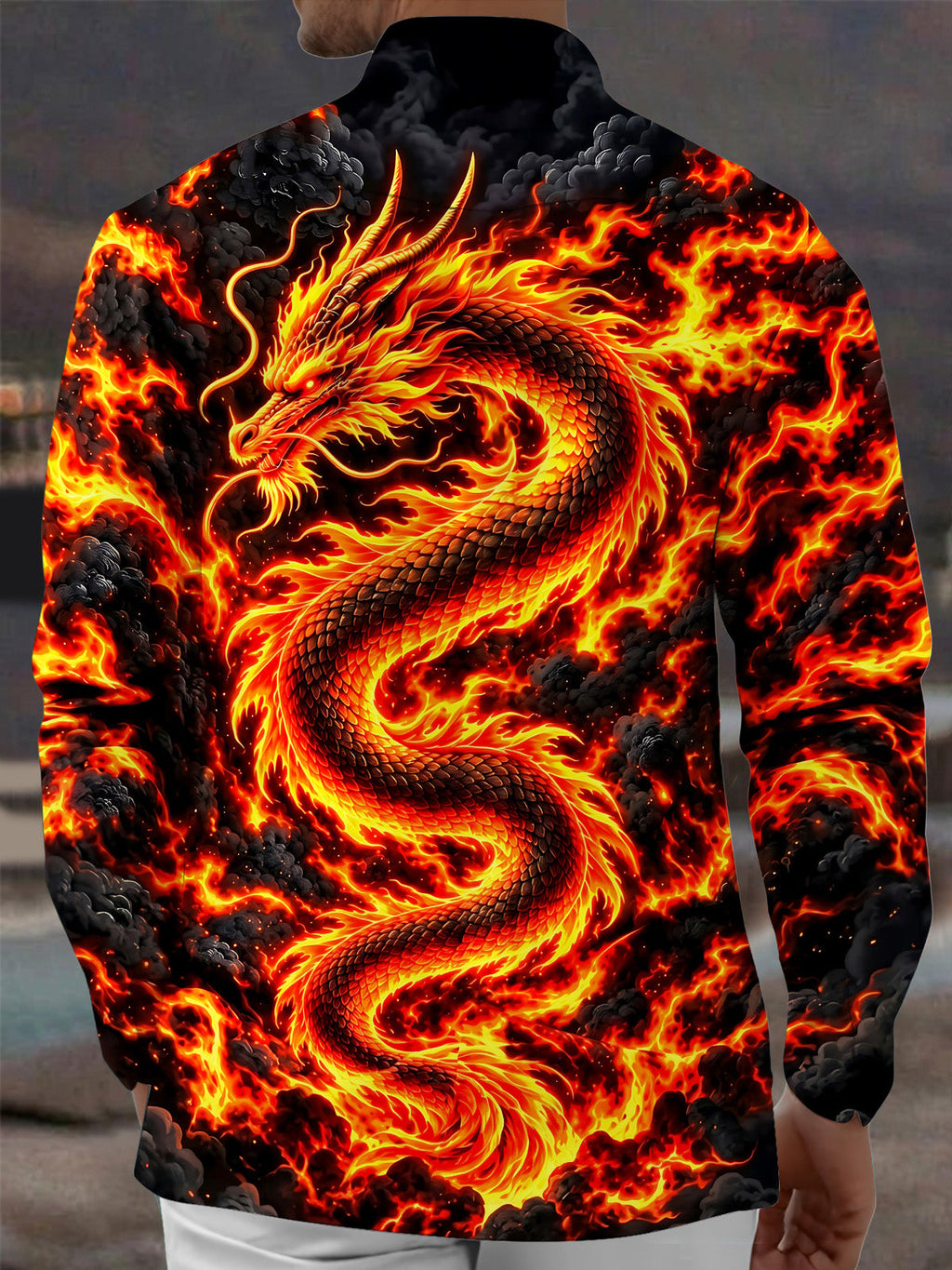 Oceanlyte Men's Graphic Flame Dragon Print Long Sleeve Shirt with Chest Pocket