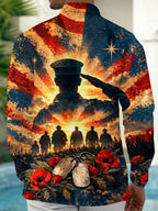 Oceanlyte Men's Long Sleeve Shirt - The "Lest We Forget" Veterans Day Soldier Silhouette Saluting With American Flag Background Print with Chest Pocket