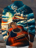 Oceanlyte Men's Graphic Guitar And Steam Train Print Long Sleeve Shirt with Chest Pocket