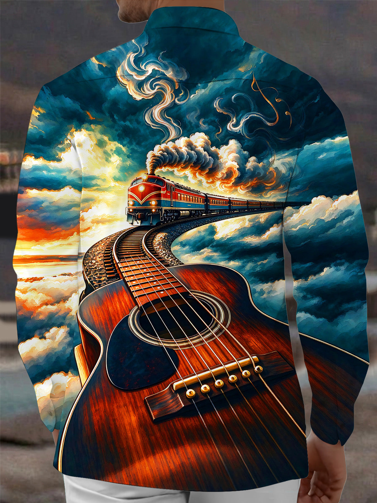 Oceanlyte Men's Graphic Guitar And Steam Train Print Long Sleeve Shirt with Chest Pocket
