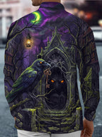 Oceanlyte Men's Graphic Gothic Castle Raven Secret Key Print Long Sleeve Shirt with Chest Pocket
