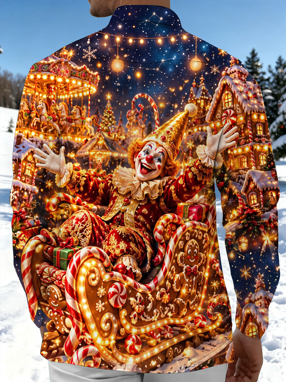 Oceanlyte Men's Christmas Clown And Gingerbread Sleigh Print Long Sleeve Shirt with Chest Pocket