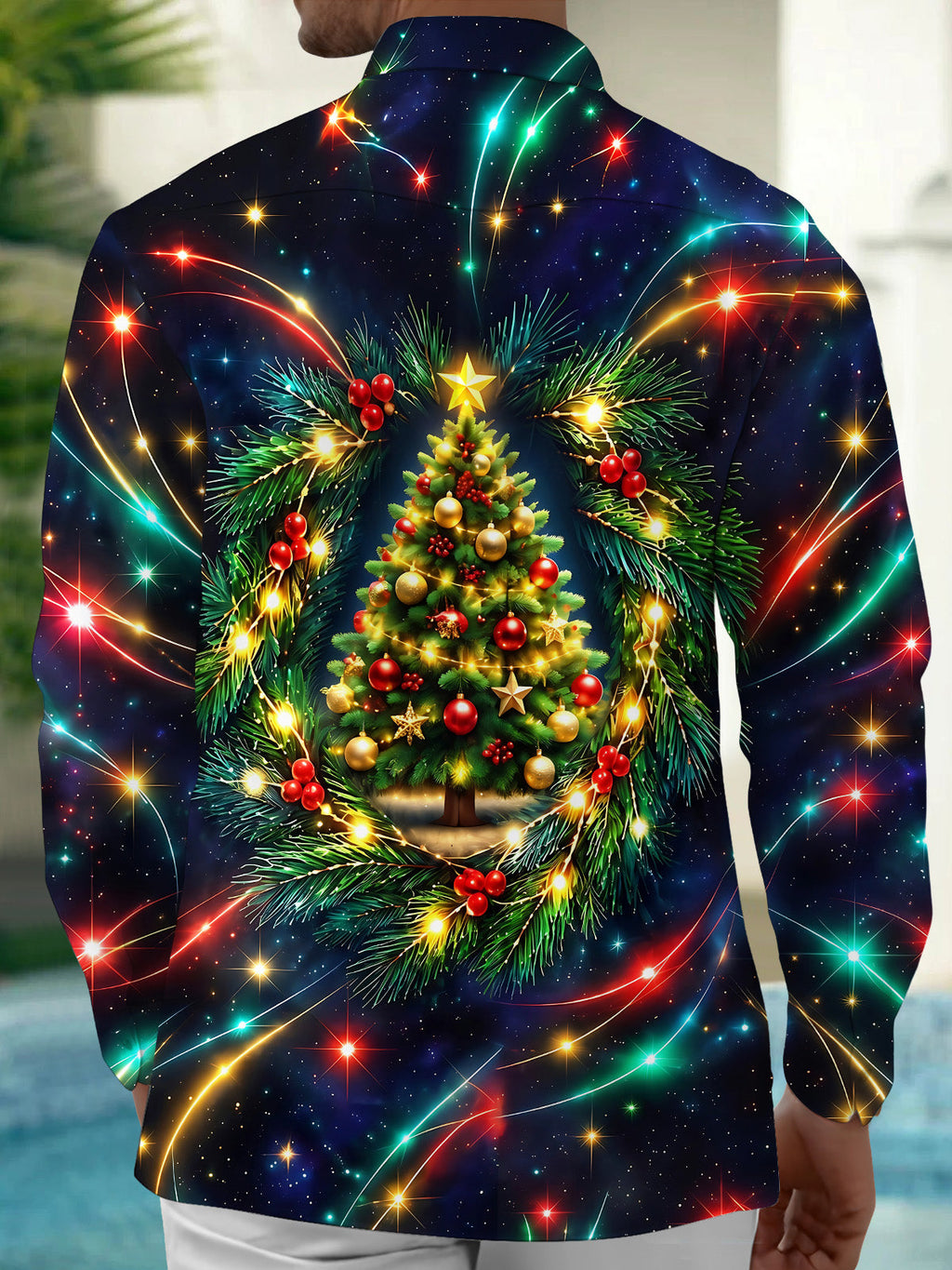 Oceanlyte Men's Long Sleeve Shirt - Christmas Tree With Ornaments And Pine Branches Print with Chest Pocket