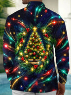 Oceanlyte Men's Long Sleeve Shirt - Christmas Tree With Ornaments And Pine Branches Print with Chest Pocket