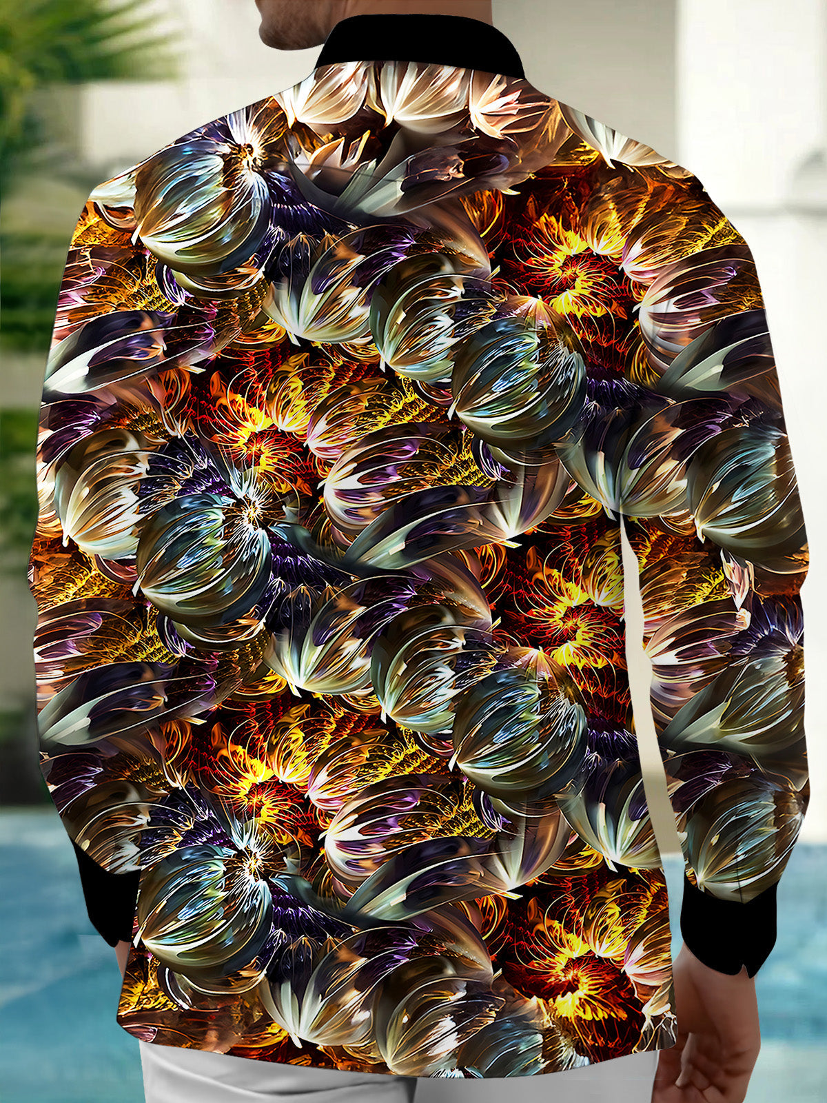 Oceanlyte Men's Vintage Style Abstract Floral Print Long Sleeve Shirt with Chest Pocket