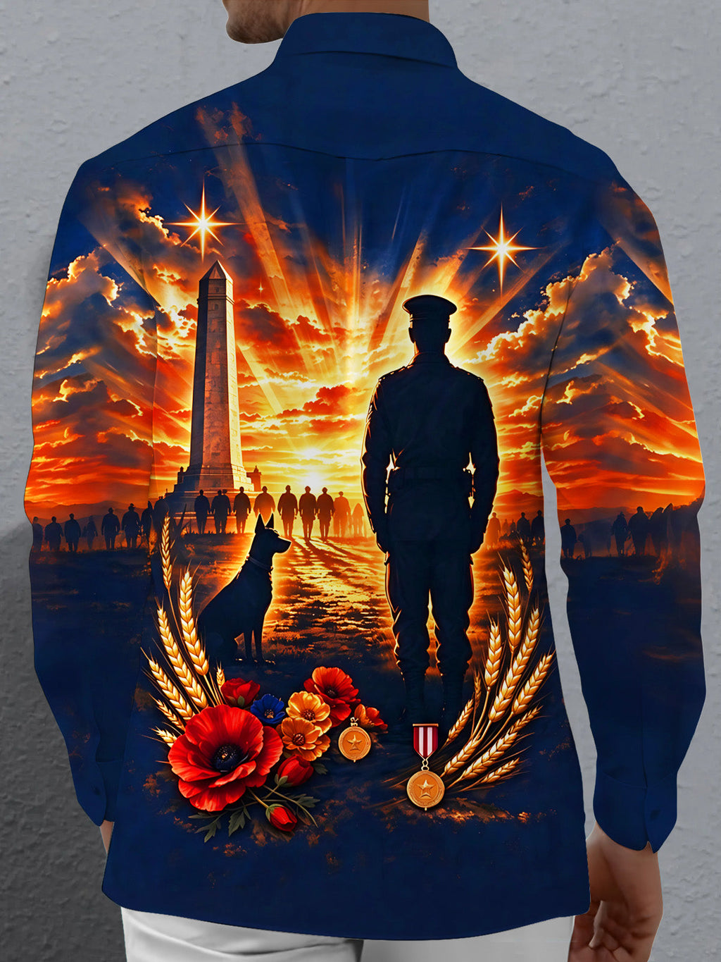Oceanlyte Men's Long Sleeve Shirt - The "Fields of Remembrance" Graphic Veteran Silhouette And Monument Print with Chest Pocket