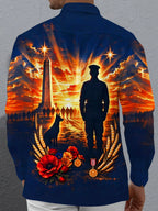 Oceanlyte Men's Long Sleeve Shirt - The "Fields of Remembrance" Graphic Veteran Silhouette And Monument Print with Chest Pocket