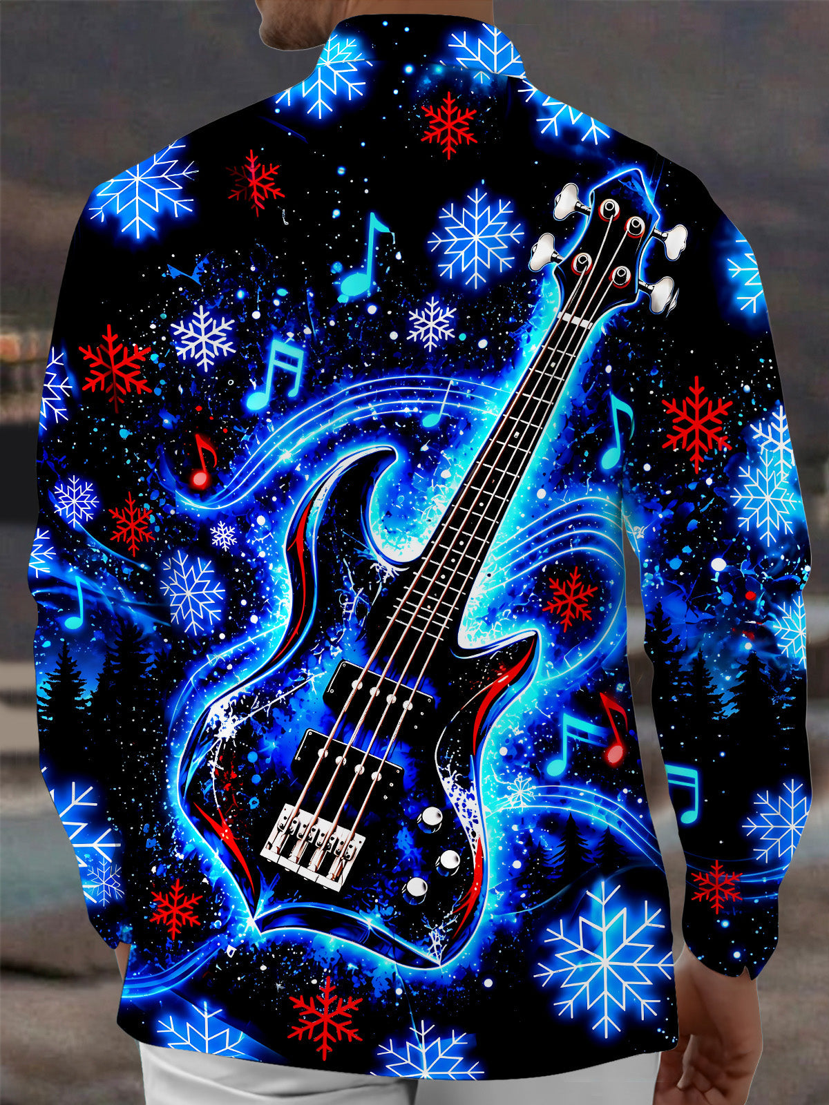 Oceanlyte Men's Graphic Electric Blue Bass Guitar Print Long Sleeve Shirt with Chest Pocket
