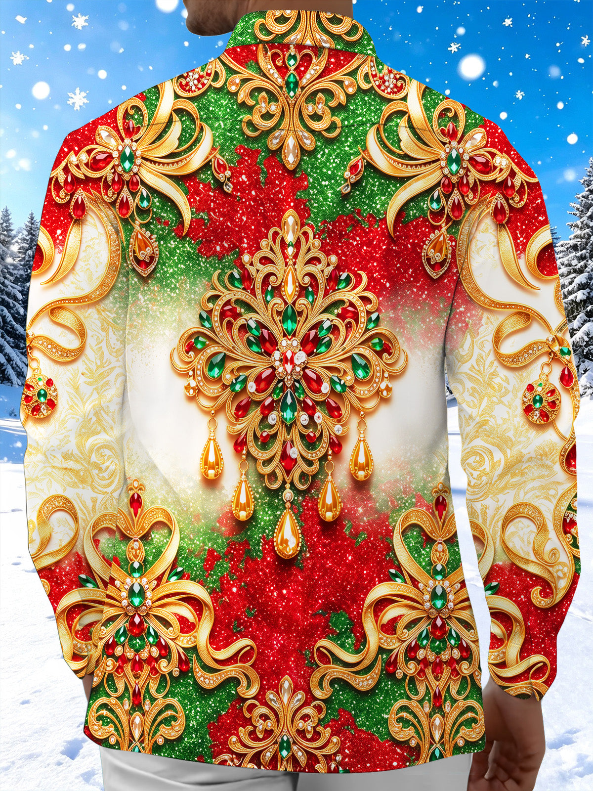 Oceanlyte Men's Long Sleeve Shirt - Christmas Gold Ornate Jewelry And Gemstone Mandala Print with Chest Pocket