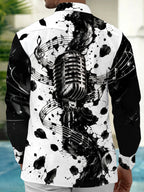Oceanlyte Men's Vintage Microphone And Musical Notes Print Long Sleeve Shirt with Chest Pocket