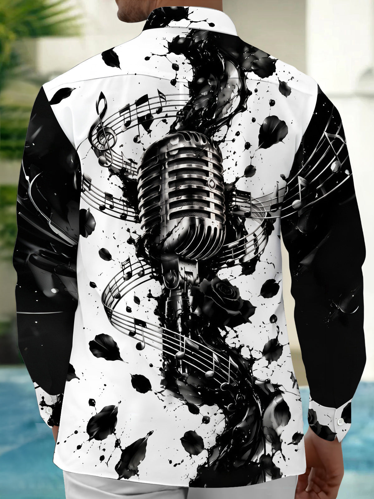 Oceanlyte Men's Vintage Microphone And Musical Notes Print Long Sleeve Shirt with Chest Pocket