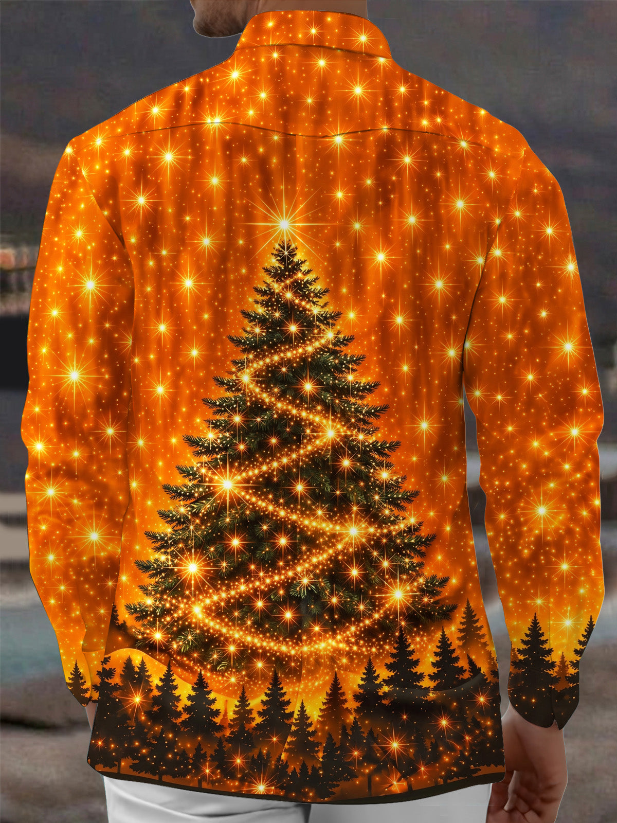 Oceanlyte Men's Christmas Tree With Sparkling Lights Print Long Sleeve Shirt with Chest Pocket