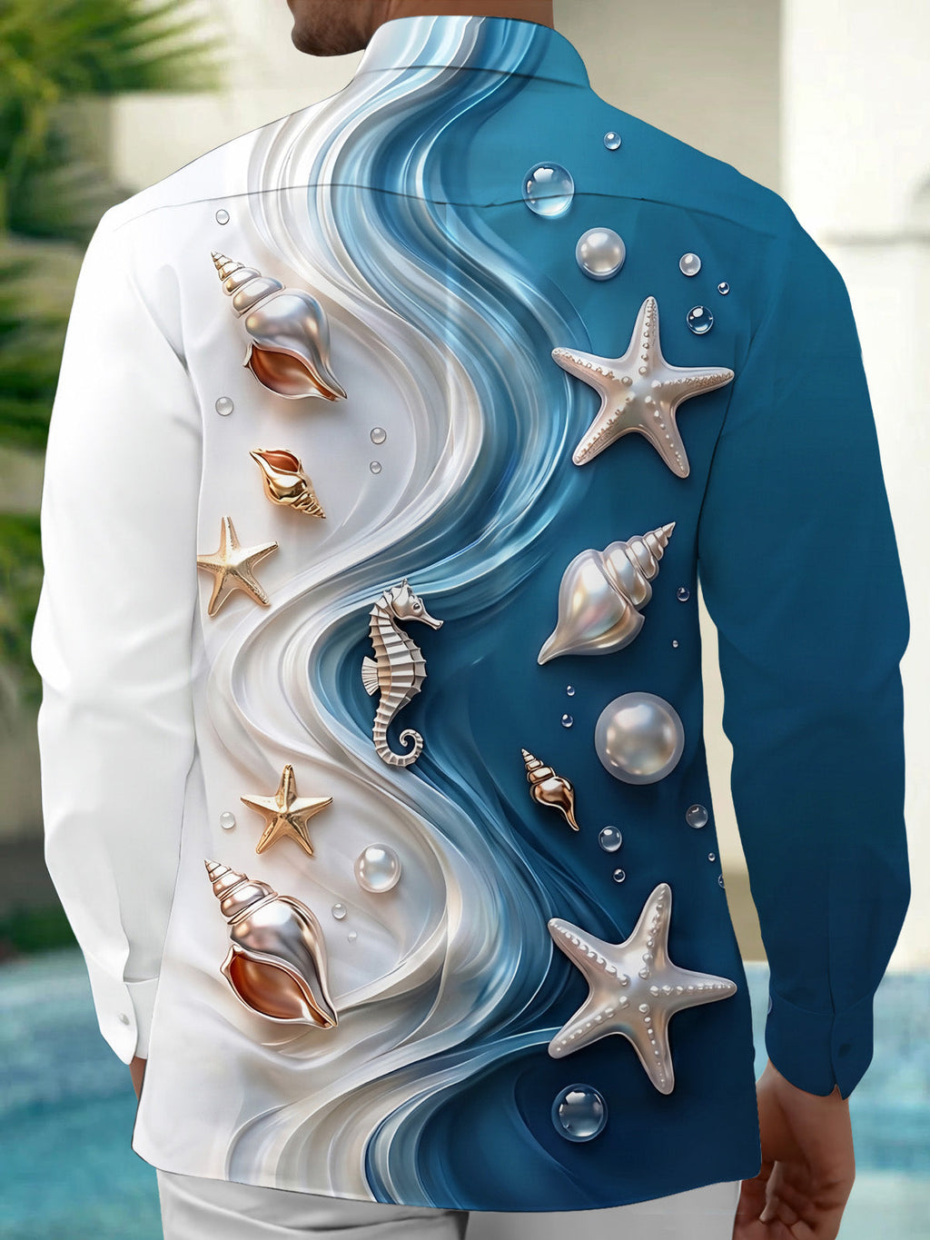 Oceanlyte Men's Sea Shells Starfish And Seahorse Print Long Sleeve Shirt with Chest Pocket