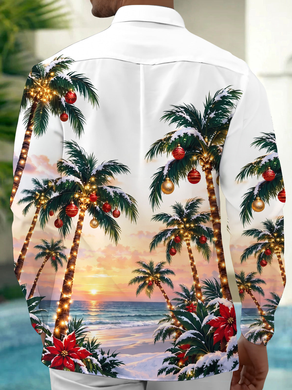 Oceanlyte Men's Long Sleeve Shirt - Palm Trees With Christmas Ornaments And Lights Print with Chest Pocket
