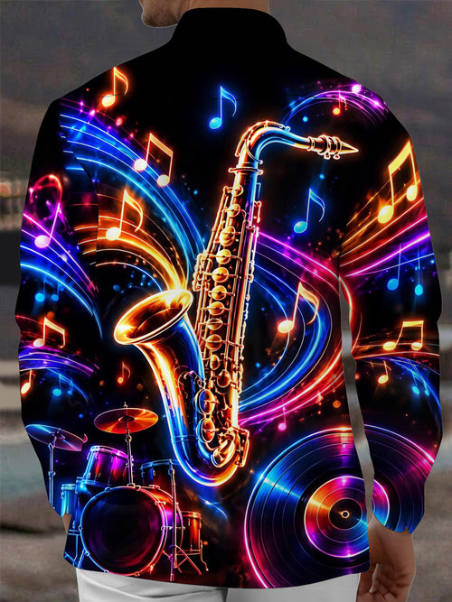 Oceanlyte Men's Graphic Neon Saxophone And Musical Notes Print Long Sleeve Shirt with Chest Pocket