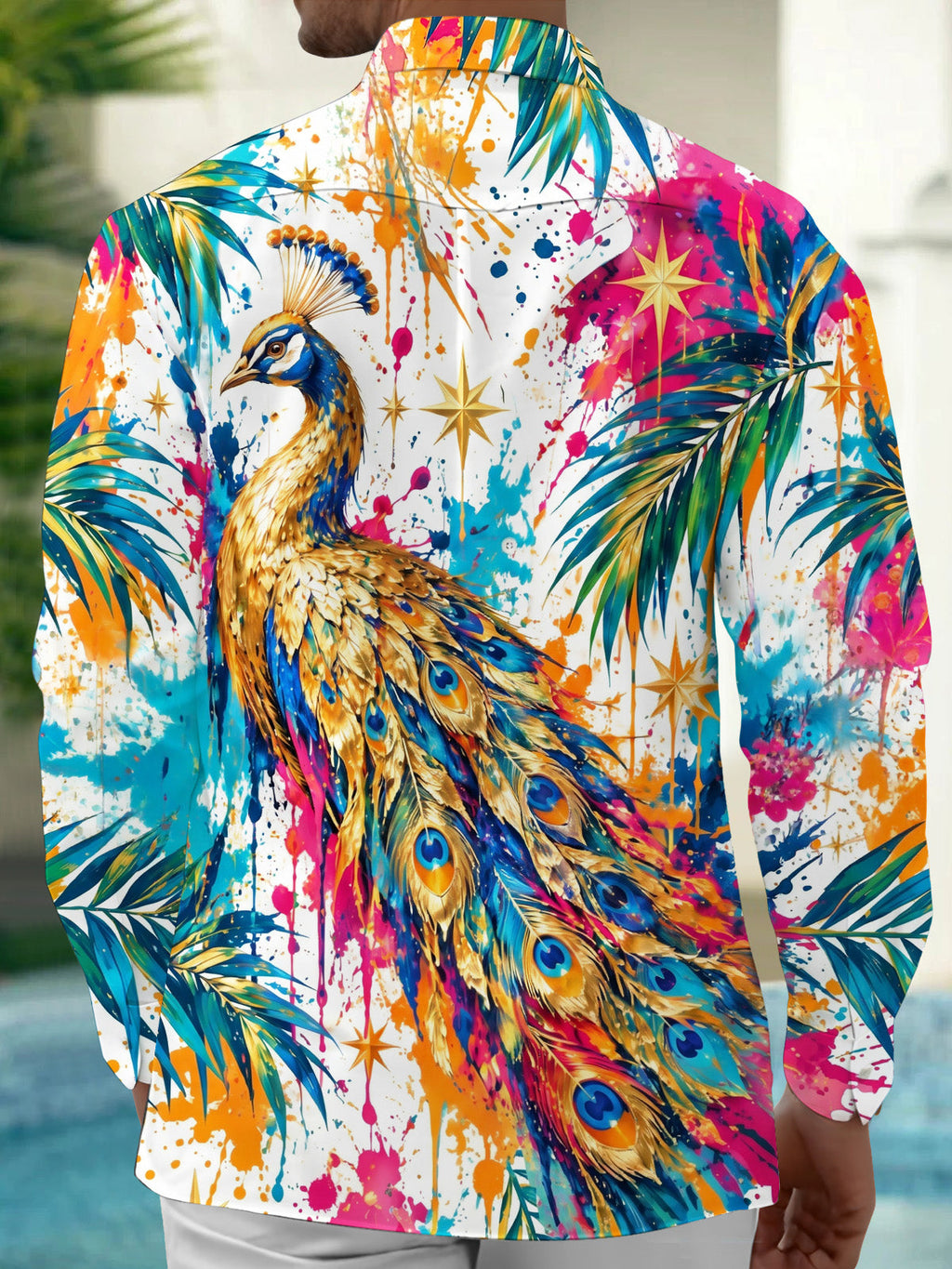 Oceanlyte Men's Hawaiian Peacock And Palm Leaves Print Long Sleeve Shirt with Chest Pocket