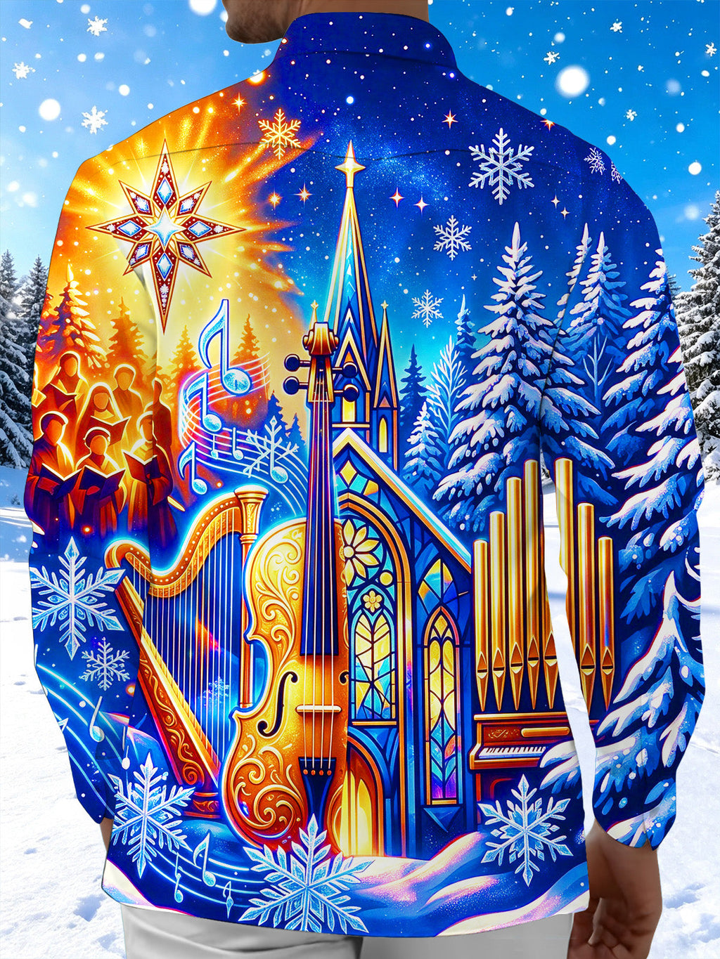 Oceanlyte Men's Long Sleeve Shirt - Christmas Stained Glass Church And Musical Instruments Print with Chest Pocket