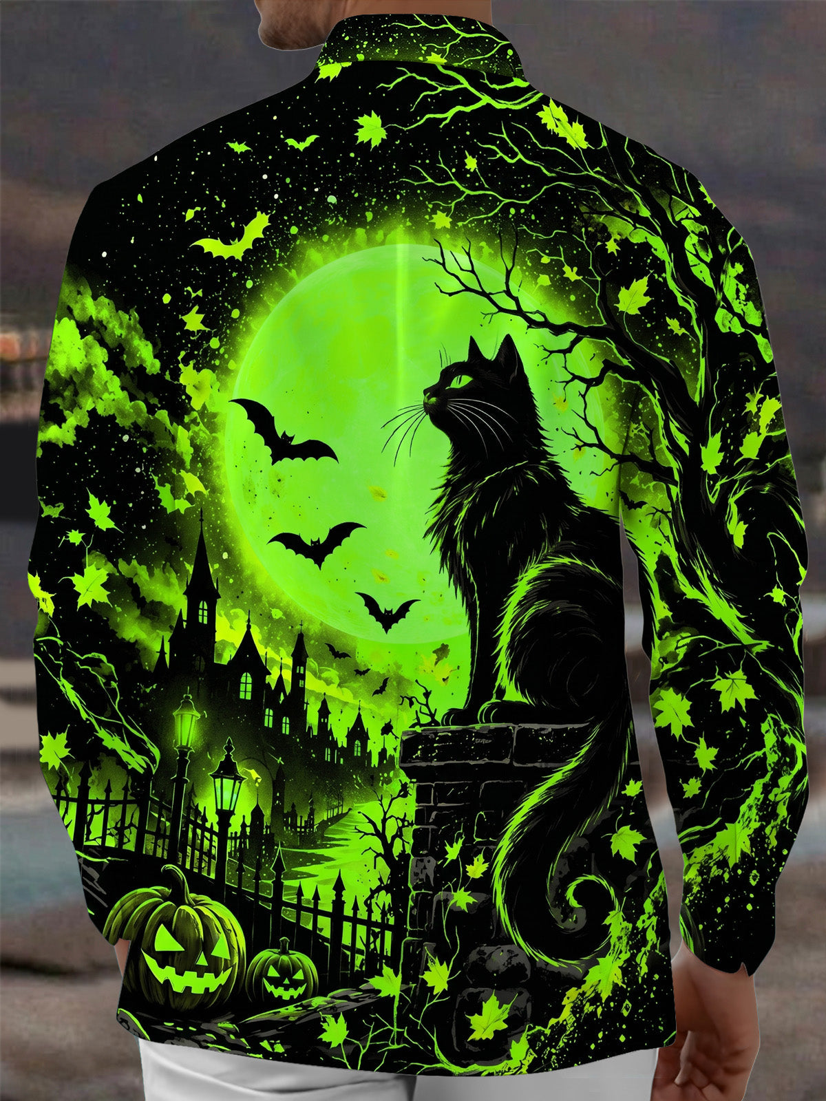 Oceanlyte Men's Graphic Halloween Black Cat And Pumpkins Print Long Sleeve Shirt with Chest Pocket