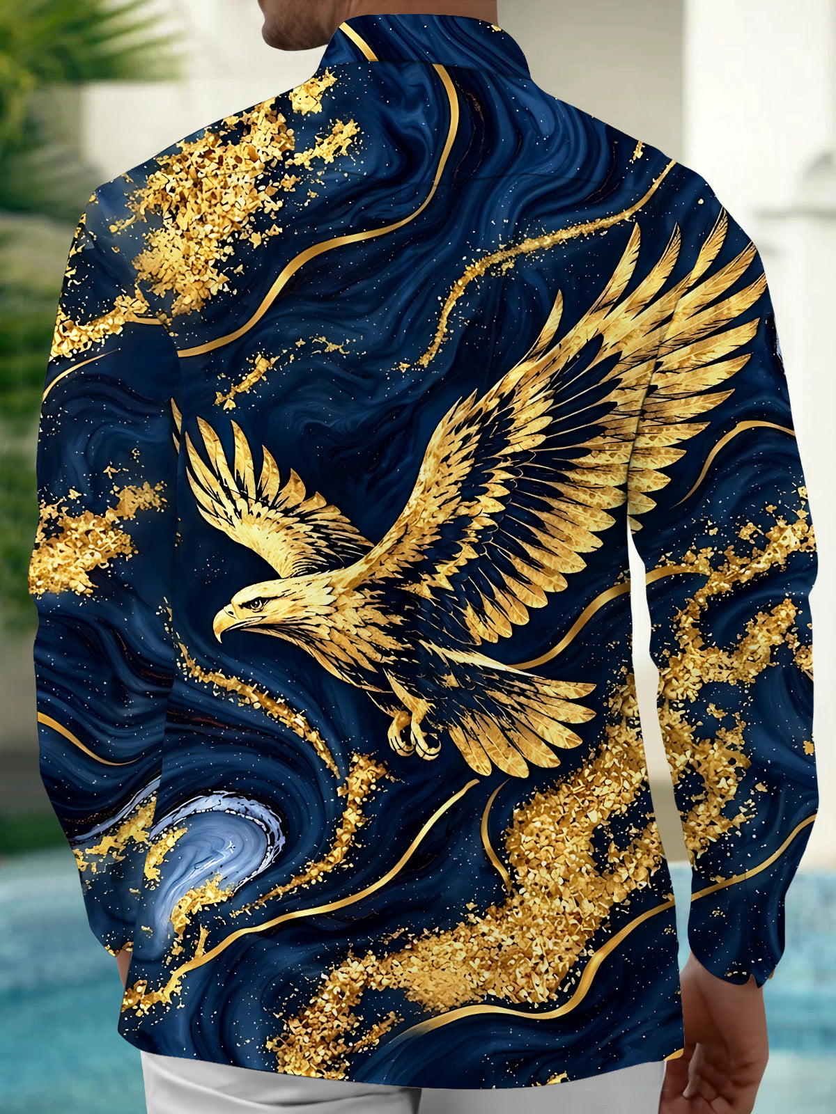 Oceanlyte Men's Graphic Abstract Golden Eagle Print Long Sleeve Shirt with Chest Pocket