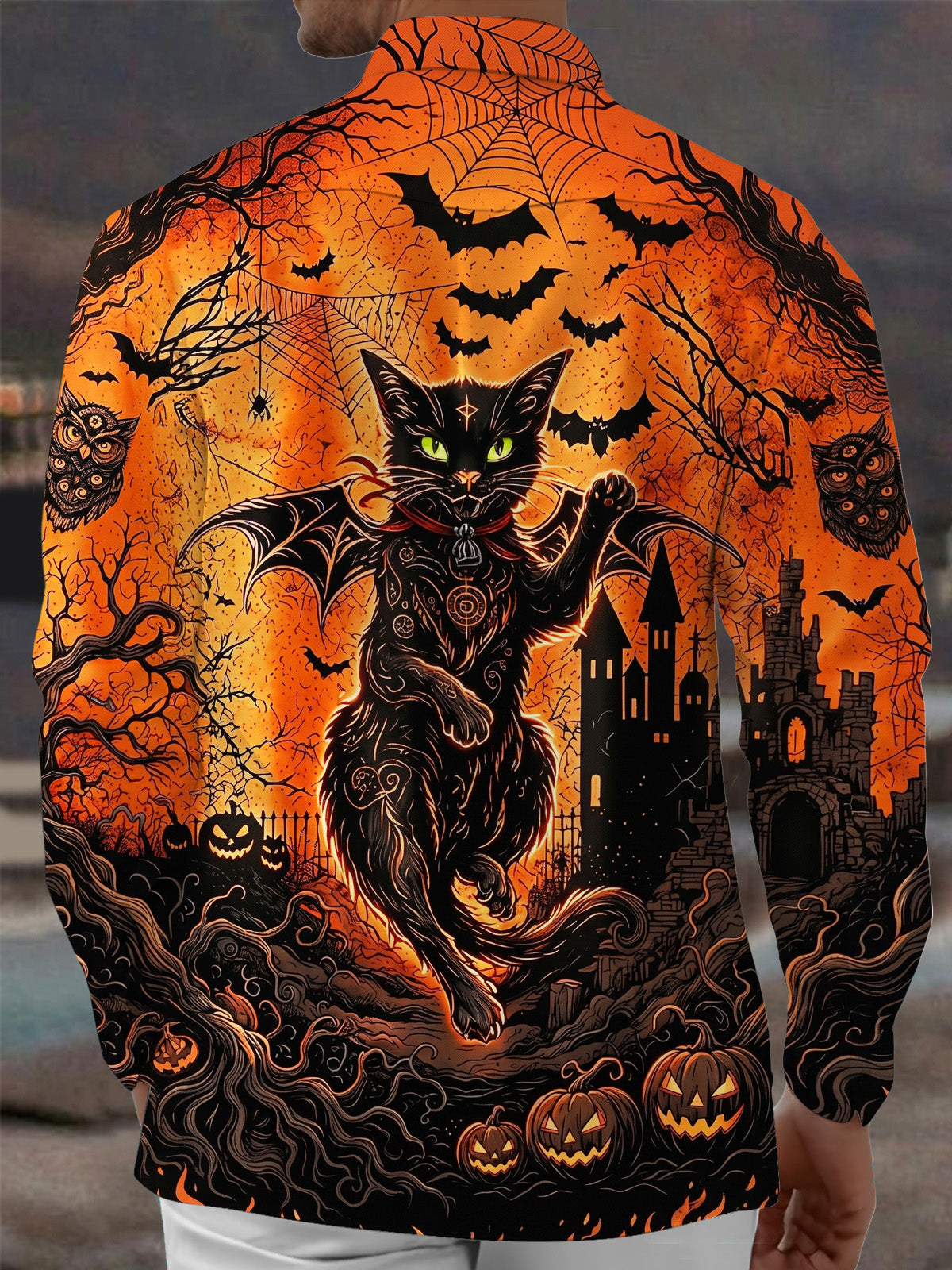 Oceanlyte Men's Halloween Black Cat With Bats And Castle Print Long Sleeve Shirt with Chest Pocket