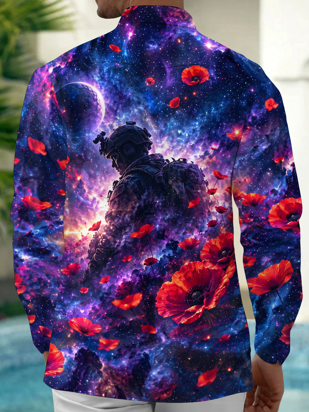 Oceanlyte Men's Long Sleeve Shirt - The "Echoes of the Fallen" Soldier Silhouette And Red Poppies Against Galaxy Background Print with Chest Pocket