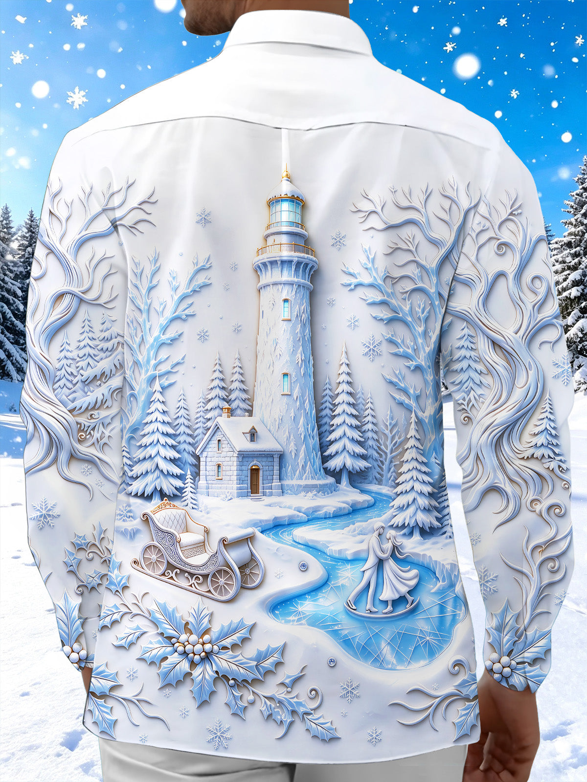 Oceanlyte Men's Long Sleeve Shirt - Christmas Winter Sleigh And Holly Print Winter Lighthouse And Ice Skating Couple Print with Chest Pocket