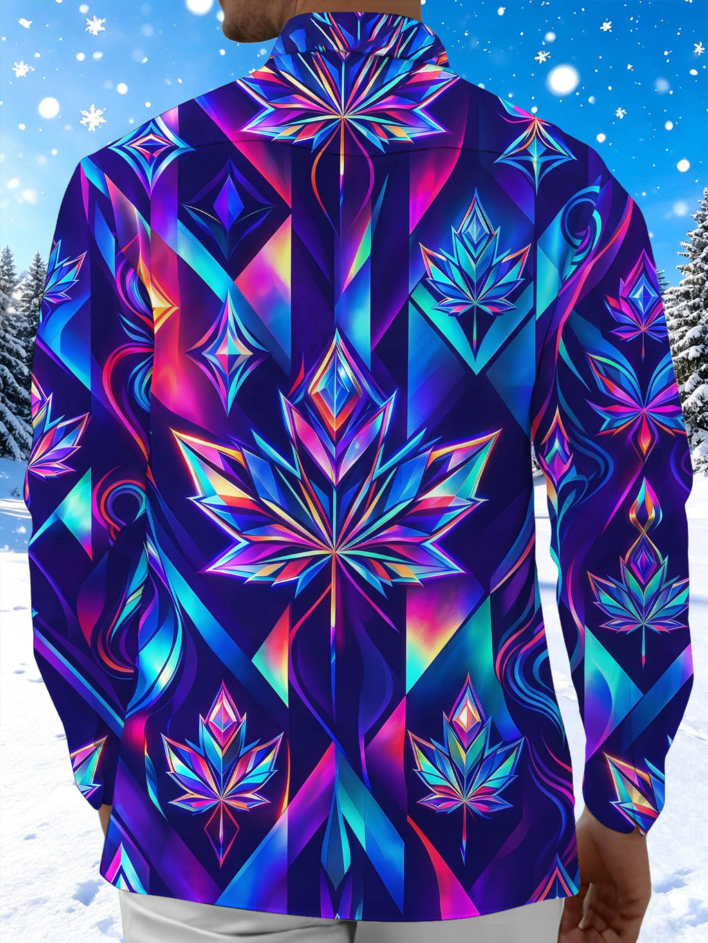 Oceanlyte Men's Neon Iridescent Geometric Maple Leaf Print Long Sleeve Shirt with Chest Pocket