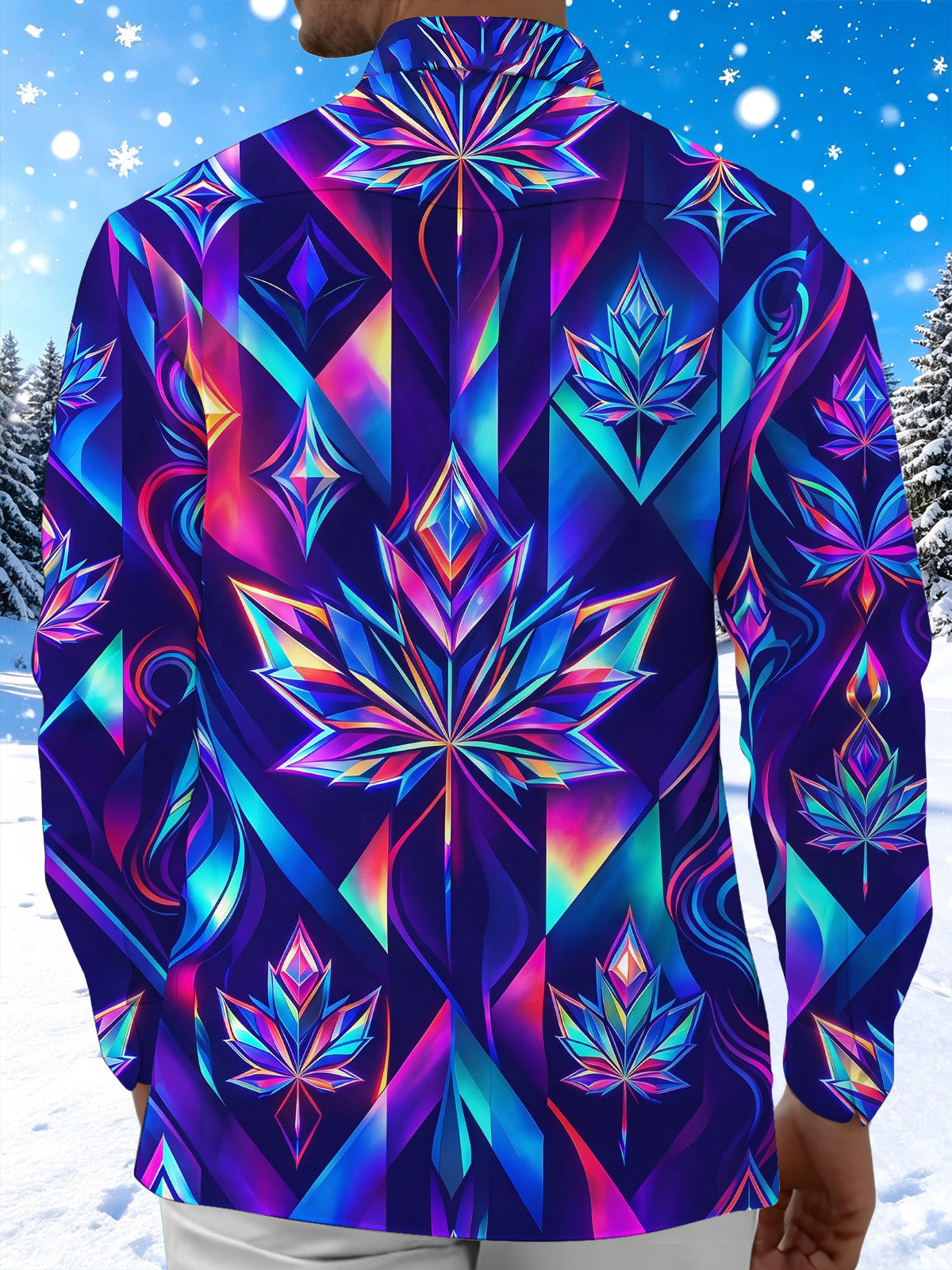 Oceanlyte Men's Neon Iridescent Geometric Maple Leaf Print Long Sleeve Shirt with Chest Pocket