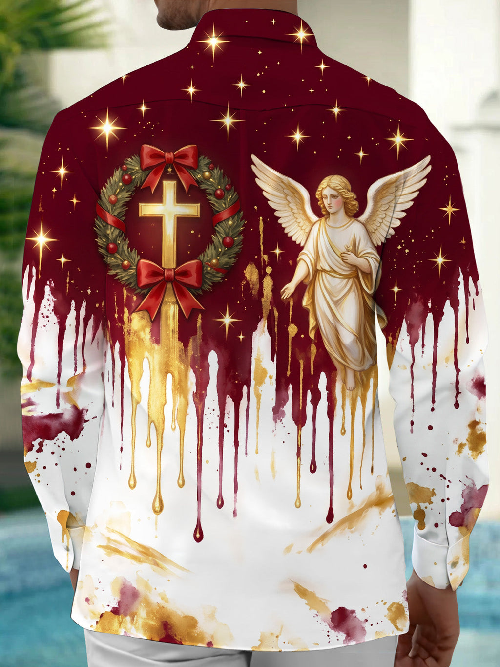 Oceanlyte Men's Angel And Christmas Wreath With Cross Print Long Sleeve Shirt with Chest Pocket