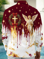 Oceanlyte Men's Angel And Christmas Wreath With Cross Print Long Sleeve Shirt with Chest Pocket