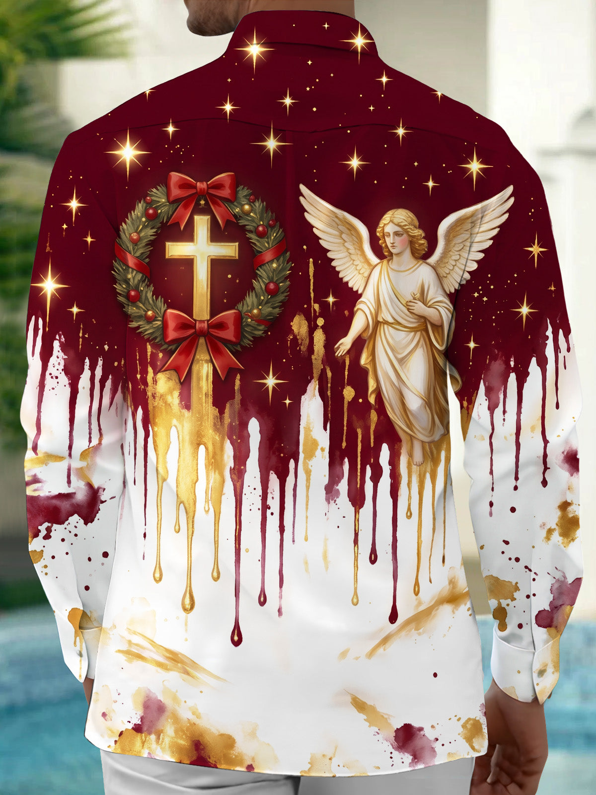 Oceanlyte Men's Angel And Christmas Wreath With Cross Print Long Sleeve Shirt with Chest Pocket