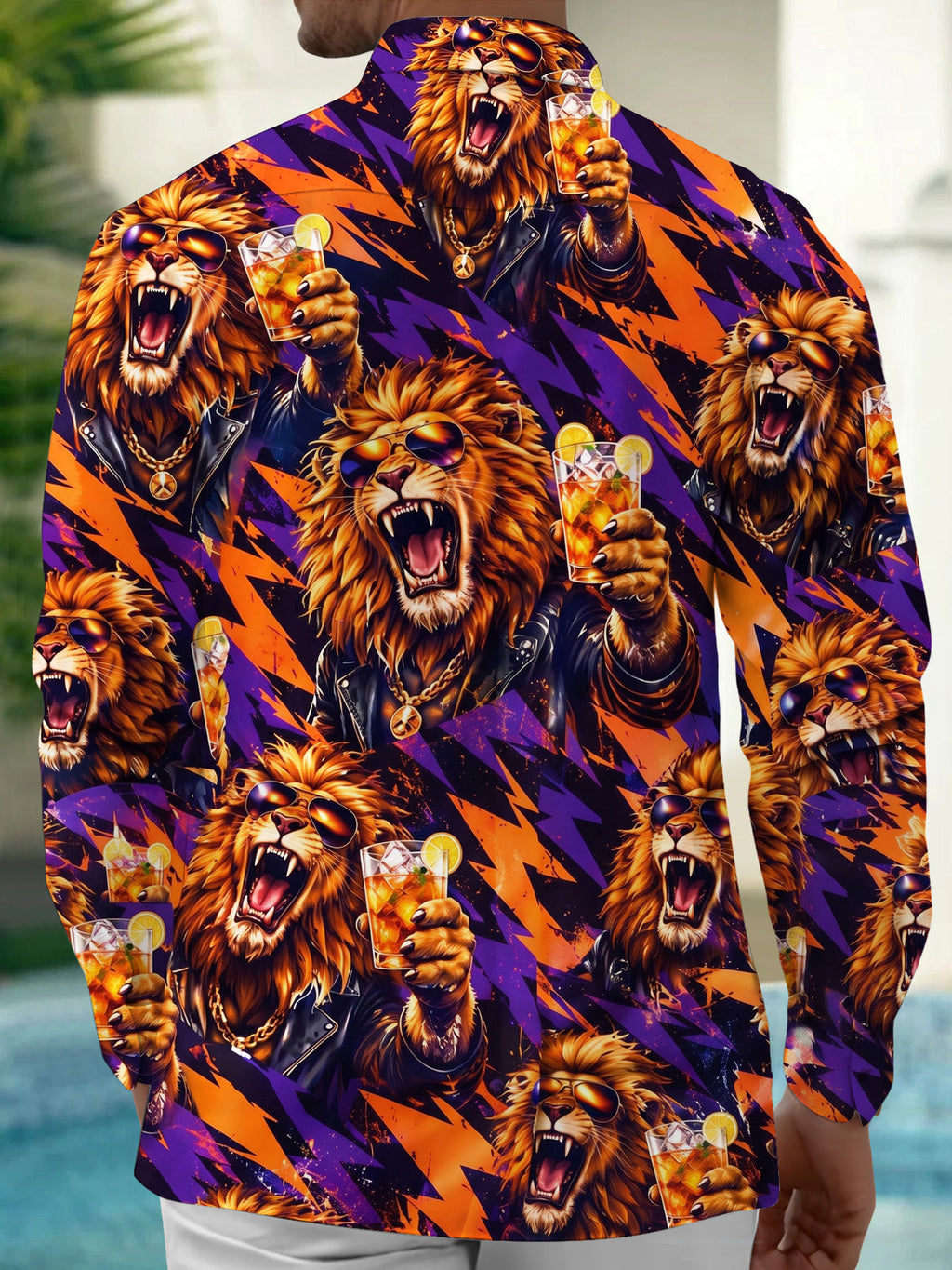 Oceanlyte Men's Hawaiian Lion With Sunglasses And Drink Print Long Sleeve Shirt with Chest Pocket