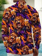 Oceanlyte Men's Hawaiian Lion With Sunglasses And Drink Print Long Sleeve Shirt with Chest Pocket