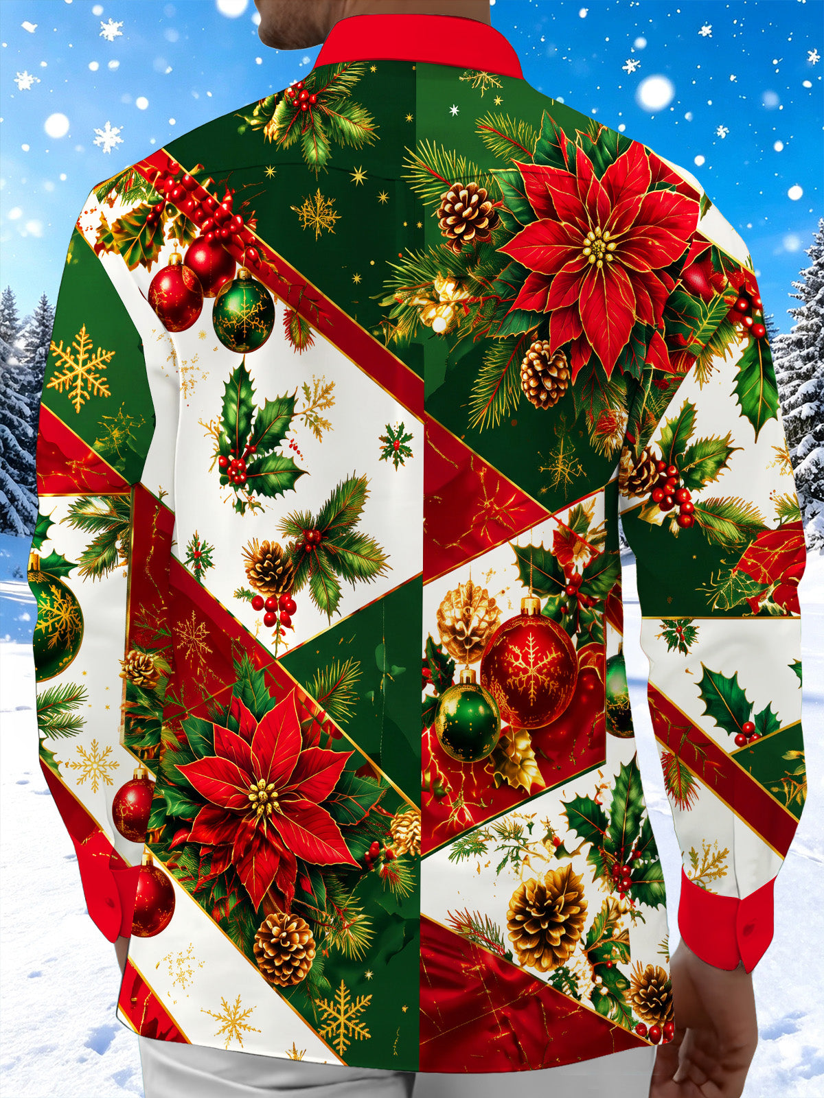 Oceanlyte Men's Christmas Poinsettias And Ornaments Print Long Sleeve Shirt with Chest Pocket