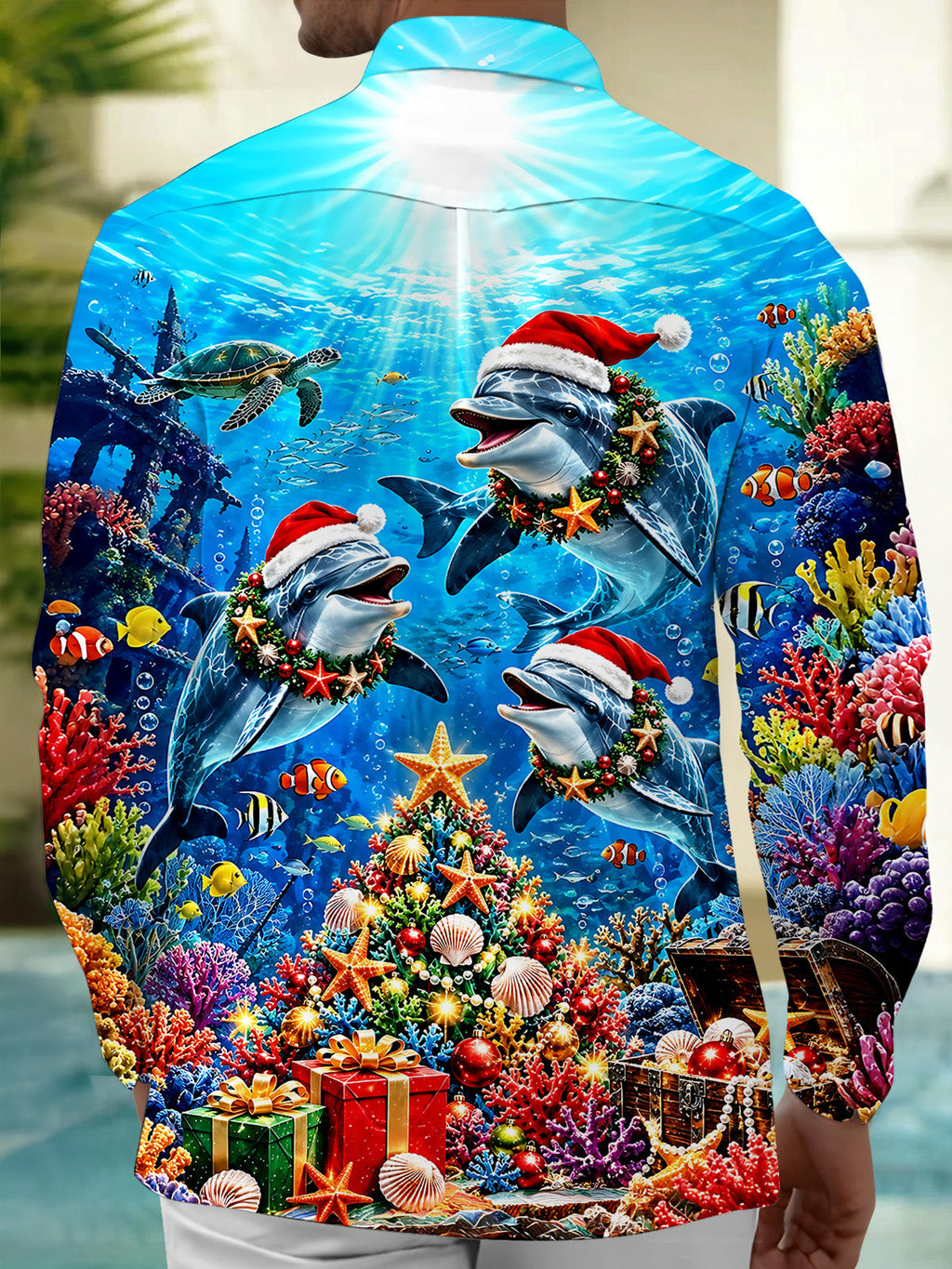 Oceanlyte Men's Hawaiian Christmas Dolphins Print Long Sleeve Shirt with Chest Pocket