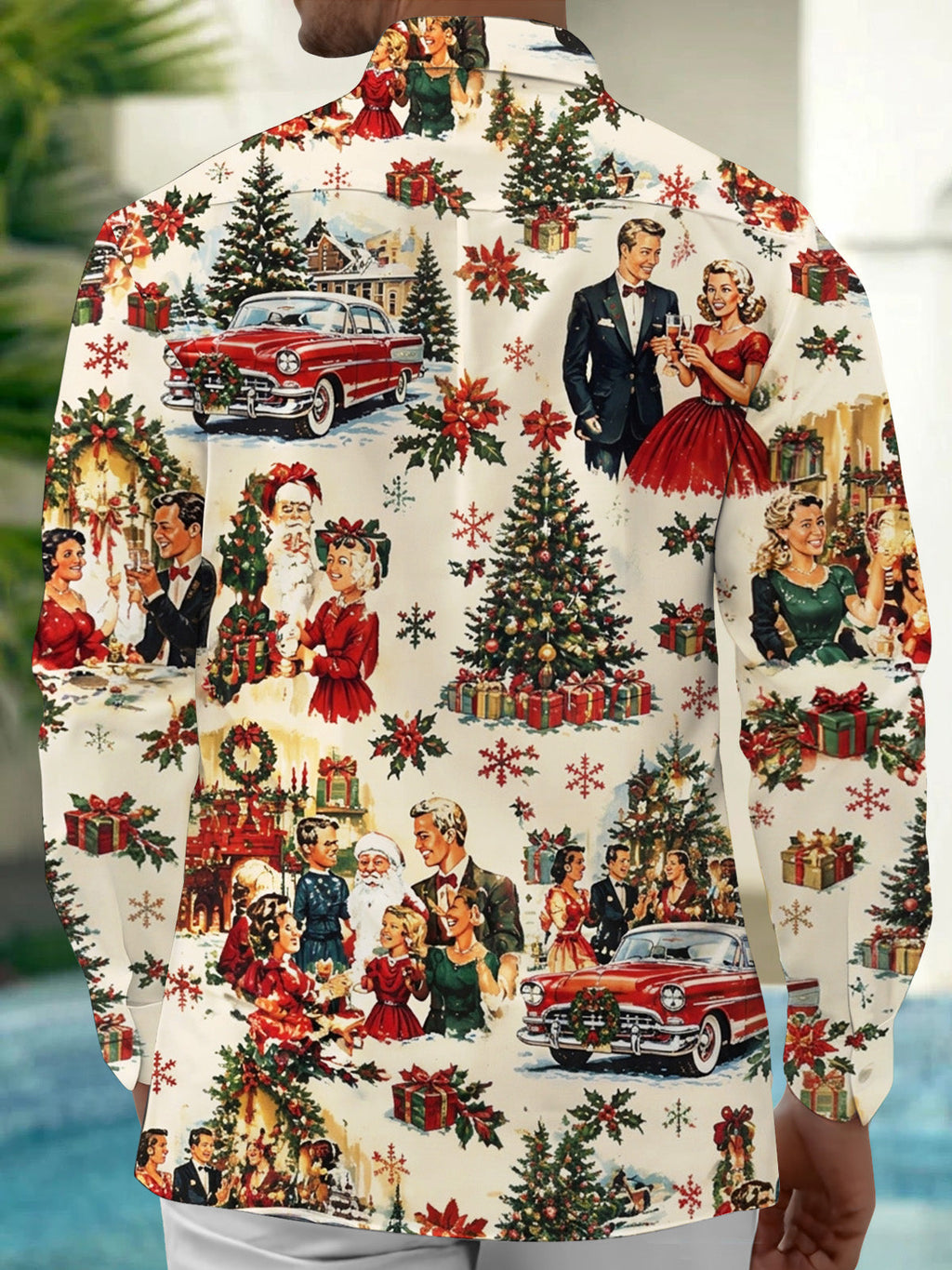 Oceanlyte Men's Long Sleeve Shirt - Vintage Christmas Scenes With Santa Claus And Families Print with Chest Pocket