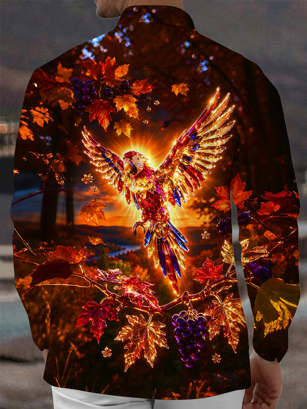Oceanlyte Men's Long Sleeve Shirt - Crystal Parrot With Autumn Leaves And Grapes Print with Chest Pocket