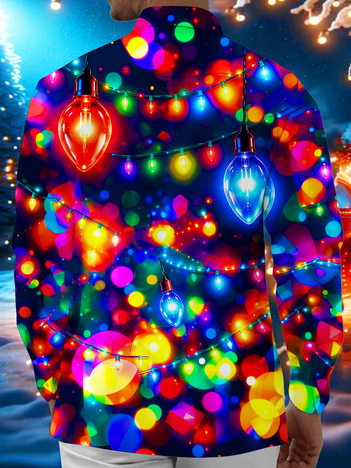 Oceanlyte Men's Colorful Christmas Light Bulbs And Bokeh Print Long Sleeve Shirt with Chest Pocket