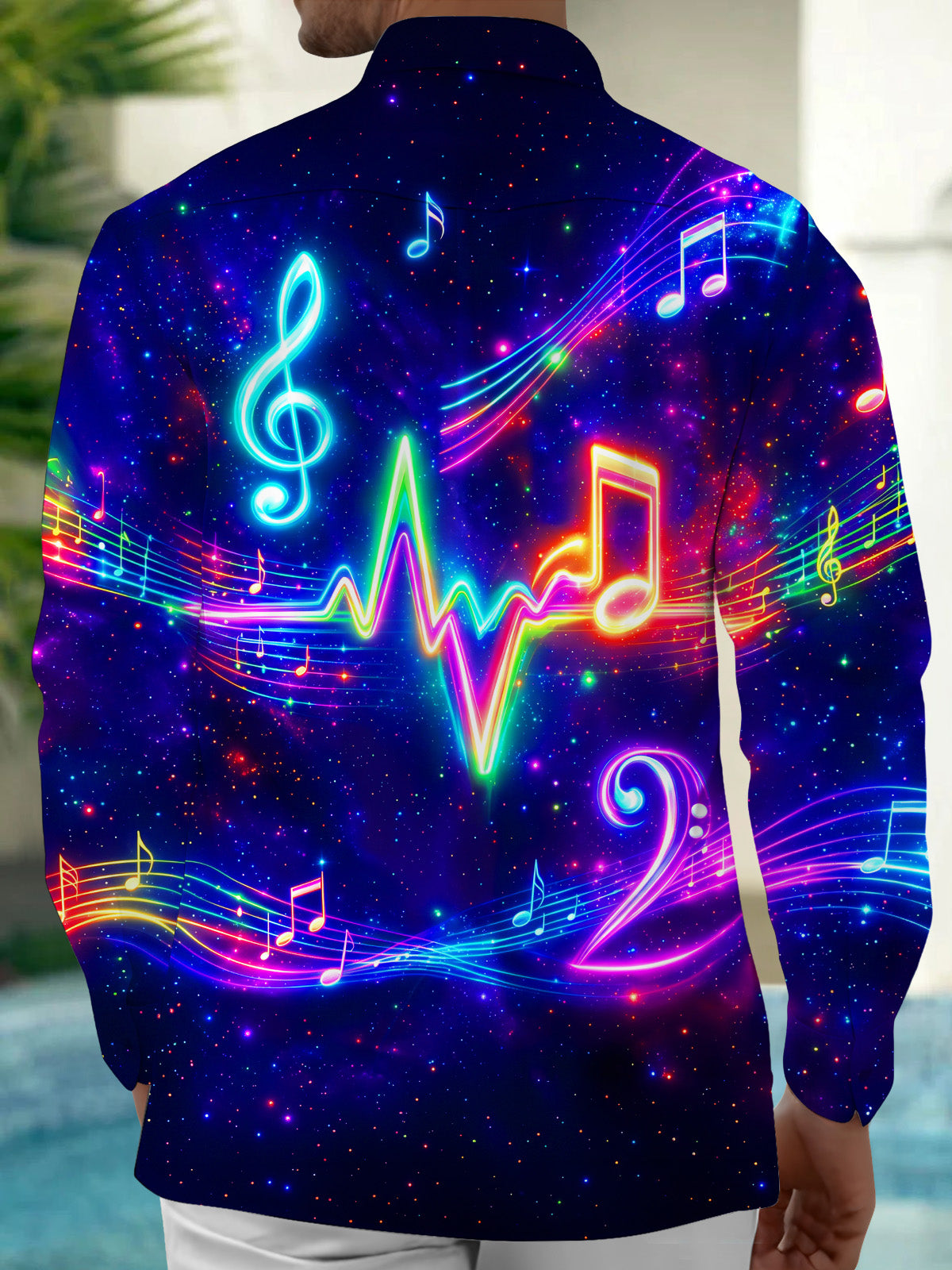 Oceanlyte Men's Neon Music Notes And Heartbeat Line Print Long Sleeve Shirt with Chest Pocket